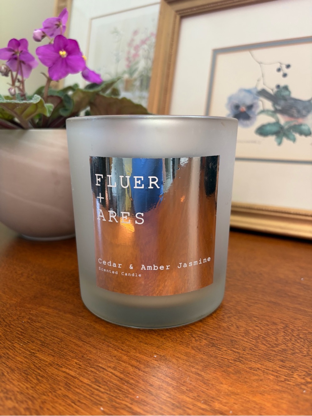 Cedar & Amber Jasmine Scented Candle - Frosted Glass, Silver Label